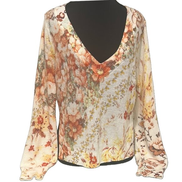 Anthropologie XS Knit Sweater Ivory Floral V-Neck Hi-Low Boho Pullover Top - Picture 1 of 16